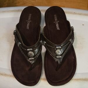 Minnetonka Dark Brown Braided Leather Thong Sandals with Conchos